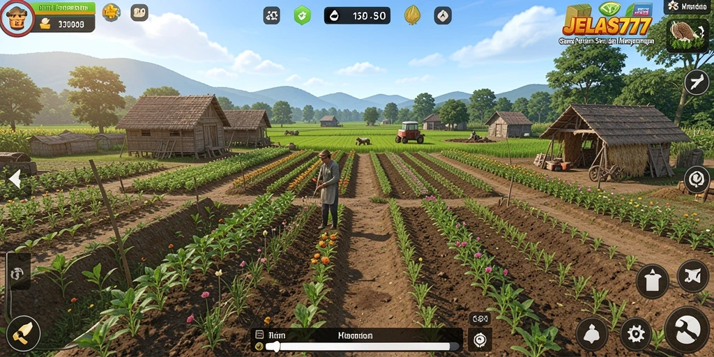 Tampilan gameplay JELAS777 dengan keindahan ladang pertanian.